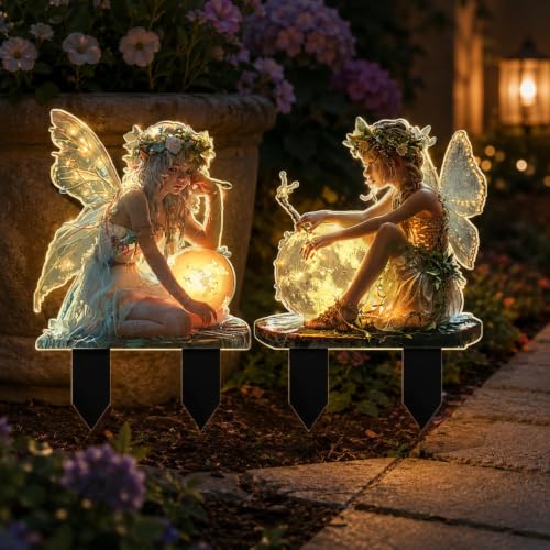 2 Pcs 2D Flat Garden Stake Light, Waterproof Acrylic Butterfly Fairy Figurine Lawn Ornament, Lighted Outdoor Landscape Stake for Flower Bed Patio Cemetery Holiday Yard Accent - color: 2 pcs Angel