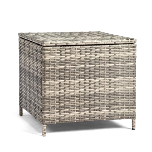 VINGLI 27 Gallon Outdoor Deck Box, Wicker Outdoor Storage Box with Lid, Small Storage Bin Container for Outside and Patio, Patio Rattan Side Table for Yard Porch (Grey, Square) - color: Grey, size: Square