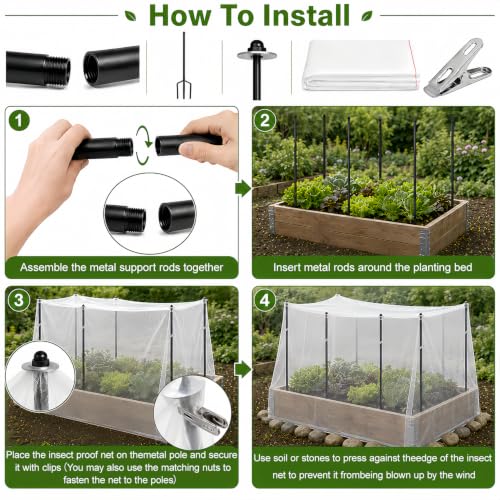 Garden Netting Covers Kit,9.8FT X 15FT Mesh,6 Pack 2.6FT Poles 3 Prong