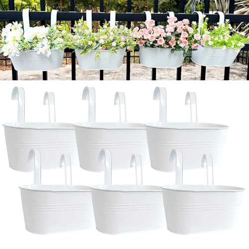 6 Pack 12" Metal Balcony Fence Railing Planters for Outdoor, Oval White - color: Oval-white