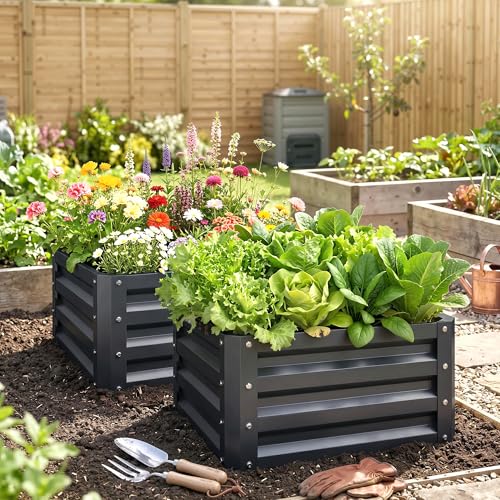 Outsunny 2 Piece 2' x 2' x 1' Galvanized Raised Garden Bed, Dark Gray - color: Gray