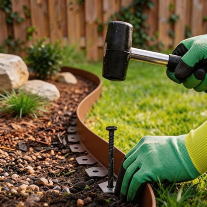 33 ft No Dig Landscape Edging Kit with 50 Spikes, Hammer & Gloves, 4in high - color: Brown, size: 4in x 33ft
