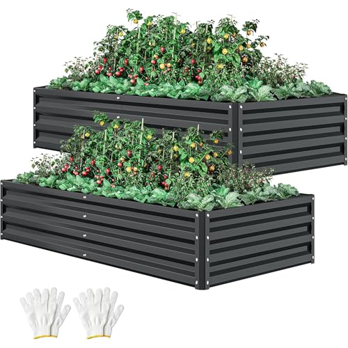 DWVO 2pcs 8 x 4 x 1 FT Raised Garden Bed Kit, Outdoor Galvanized Flower Bed with Safety Rubber and Gloves, Large Metal Planter Box for Vegetables, Flowers, Herbs, Fruits, Black - color: Black, size: 8x4x1ft 2pcs