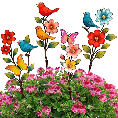 4 Pack Garden Decor for Outside Metal Flowers Garden Stakes Spring Decor 15'' Decorative Colorful Flowers Birds Butterfly Yard Art Rust Proof Plant Sticks for Yard Lawn Pathway Patio Outside - style: Spring