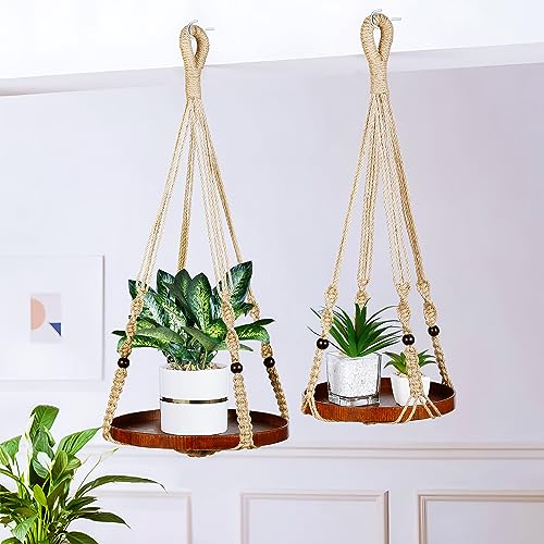2 Pack Macrame Plant Hanger, Hanging Plant Shelf (12" + 10") - color: Brown, size: 2-Pack, 1-Tier