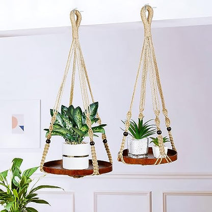 2 Pack Macrame Plant Hanger, Hanging Plant Shelf (12" + 10") - color: Brown, size: 2-Pack, 1-Tier