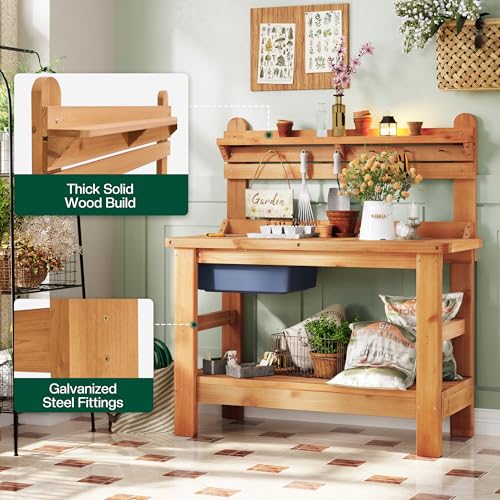 Jocisland Outdoor Solid Wood Potting Bench with Large Tabletop, Sink&Shelf