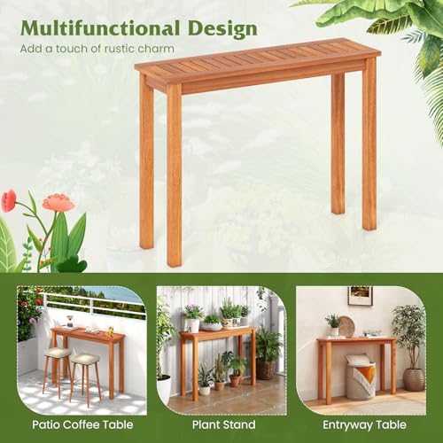 Tangkula Wooden Plant Stand, Outdoor Indoor Solid Wood Flower Pot Holder Display Shelf with Teak Oil Finish, Slatted Top, Rustic Plant Rack for Patio Garden Entryway Porch - size: 40" x 12" x 29"