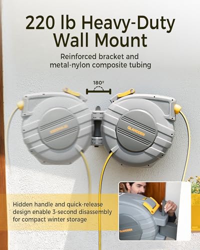 GLAHODEN 5/8 in x 115 ft Retractable Garden Hose Reel with Metal Bracket - color: Light Gray, size: 5/8" 115FT