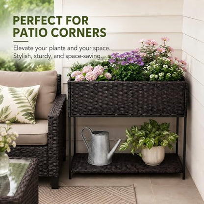 Rattan Wicker Raised Storage Garden Bed 3x1.5x2.5 ft Planter Box - color: Brown