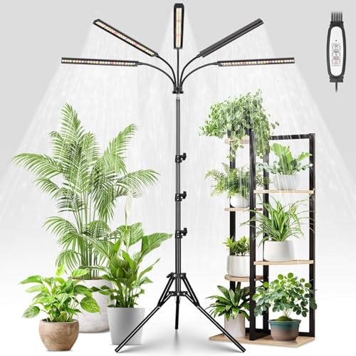 FOXGARDEN Grow Lights for Indoor Plants 5-Head Full Spectrum with Tripod Stand, Timer, Dimmable Flexible Goosenecks for Indoor Potted Plants - size: Stand-5Head