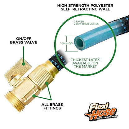 Flexi Hose Expandable Garden Hose with 8 Function Nozzle, 75FT - Lightweight Retractable Garden Hose, Water Hose - No-Kink Flexibility, 3/4 Inch Solid Brass Fittings and Double Latex Core - size: 75ft