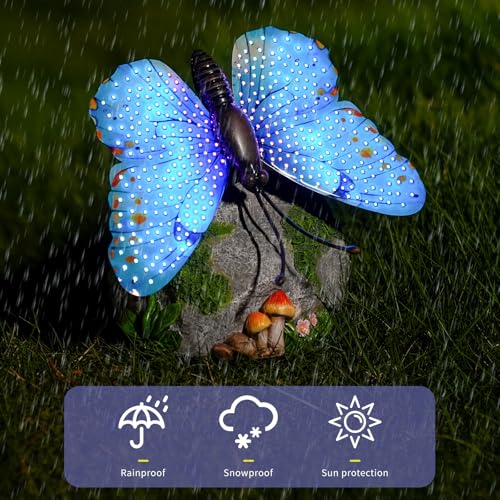 WSgift Solar Butterfly Garden Statue Weatherproof Outdoor Hand-Painted Decor Butterfly Resin Figurine Blue