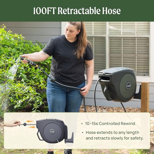 Vego Garden Hose Reel Retractable Hi-Flow Wall Mounted Hose Reel Automatic Rewind, Any Length Lock with 9 Patterns Sprayer Nozzle, Quick Connector and Adjustable shot Nozzle (Tidepool Blue, 100ft) - color: Tidepool Blue, size: 100ft