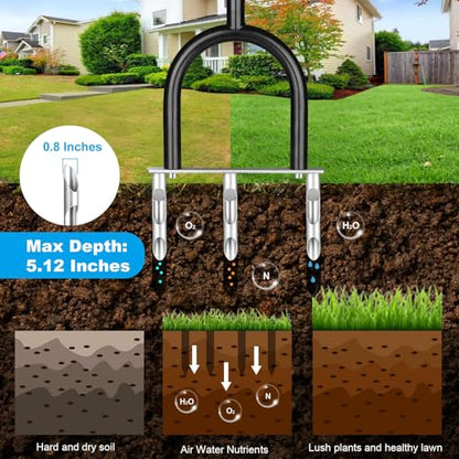 Manual Lawn Aerator Tool, Hollow Tines Plug Lawn Core Aerator, Heavy Duty Hand Soil Aeration Tool with Adjustable Handle, Grass Aeration Garden Tools for Lawn Care, Compacted Soil, Yard