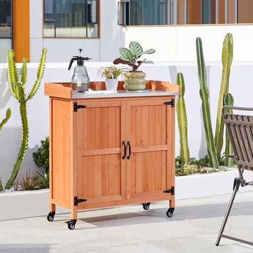Yaheetech Rolling Potting Bench Outdoor Storage Cabinet, Metal Top, Brown - color: Brown
