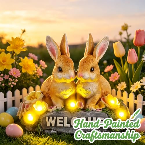 Solar Rabbit Garden Statue 5.9" Resin Bunny Statue with Welcome Sign - style: Rabbit