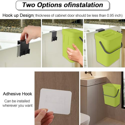 Compost Bin Kitchen, for use on Countertops or Under Sinks, Hanging Trash Can with Lid, for Cupboard/Bathroom/Bedroom/Office/Camping, Mountable Indoor Compost Bucket(Green 1.3 Gallon/5L)