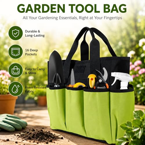 Portable Gardening Tool Tote Bag Organizer with 16 Pockets & Handle - color: Green