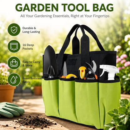 Portable Gardening Tool Tote Bag Organizer with 16 Pockets & Handle - color: Green