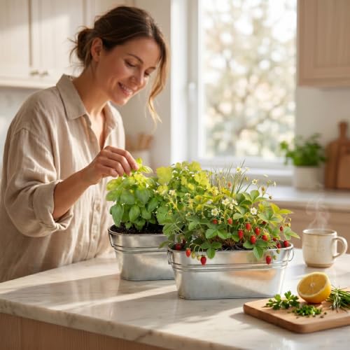 Buzzy Seeds Windowsill Grow Kit 2-Pack, Metal Planter, Strawberry & Herbs