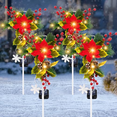 4 Pack Solar Christmas Decorations Outdoor, 32 Inch Solar Christmas Cross Stake Lights, Waterproof Grave Decorations with Poinsettia Flower Pinecones Red Berries for Garden Yard Patio Lawn Cemetery - color: Warm White, size: Flower-4 pack