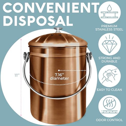 Epica Kitchen Compost Bin for Kitchen Countertops, 1.3 Galllon - Copper - color: Copper