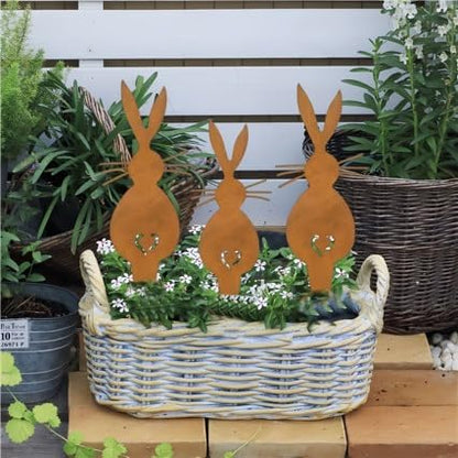 3-Pack Rustic Metal Rabbit Garden Stakes, Weathered Rust Finish with Heart Cutout, Suitable for Easter Accents