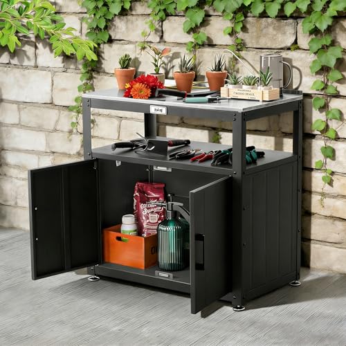 Feasto Heavy-Duty Potting Bench with Storage & Stainless Steel Top - color: Black