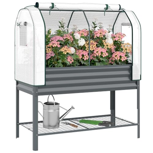 Outsunny Galvanised Raised Garden Bed with Greenhouse Cover, Dark Gray - color: Dark Gray