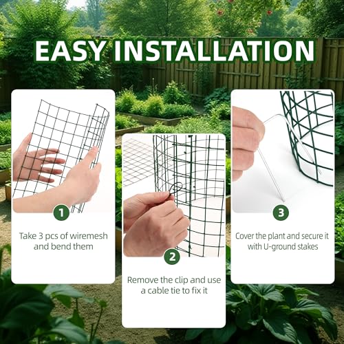 4 Sets of DIY Metal Plant Protectors from Deer, Garden Fencing Animal Barrier Size 11.8 * 12.9 inches, Mesh Plant Cage Chicken Wire Cloche for Plants with Stakes and Nylon Cables - size: 4 Sets