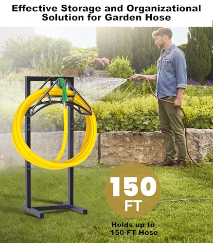 Artigarden Outdoor Garden Hose Holder Freestanding with 4 Spikes, Heavy Duty Metal Water Hose Reel Stand Hanger Rack Organizer Holds Storage 150ft Hose for Outside Yard Lawn, Black - style: Nozzle Style