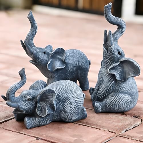 Elephant Garden Statues Set of 3 Resin White Outdoor Yard Patio Lawn Decor - color: Gray