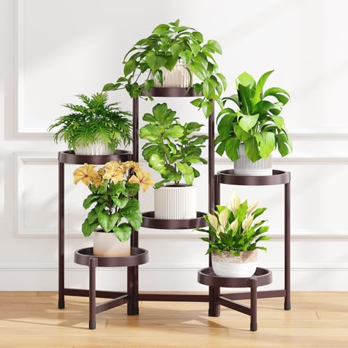 iDavosic.ly 6 Tier Folding Plant Stand Indoor Outdoor, Plastic Tray, Bronze - color: Violet Bronze, size: 6 Tiers