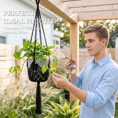 Boho Macrame Plant Hanger with Hooks, Rope Hanging Baskets for Plants - color: Black 2pack Pots Not Included