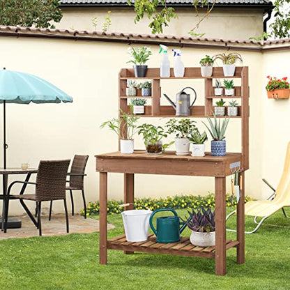 Yaheetech Outdoor Potting Bench, Sink, Display Rack & Storage Shelf,Brown