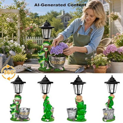 Solar Frog Outdoor Garden Statue with Flowerpot & Lantern - color: Frog