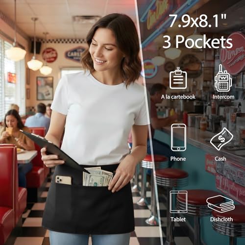 BOHARERS Waist Apron with 3 Pockets - Black Waitress Waiter Server Short Aprons - color: 1 Pack Black