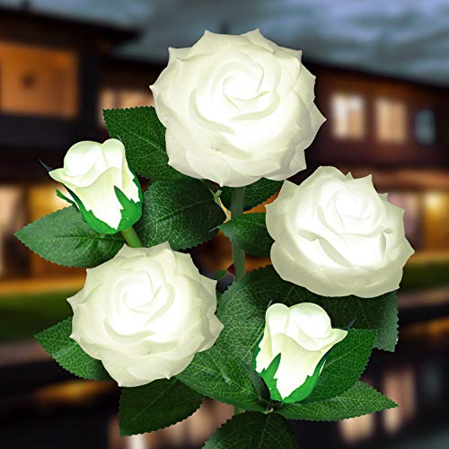 Solar Flower Lights Outdoor - Upgraded New Material Two Modes Realistic LED Solar Powered Waterproof Lights with 5 Roses, Solar Decorative Stake Lights for Garden (White, 1 Pack) - color: White, size: 1 Pack