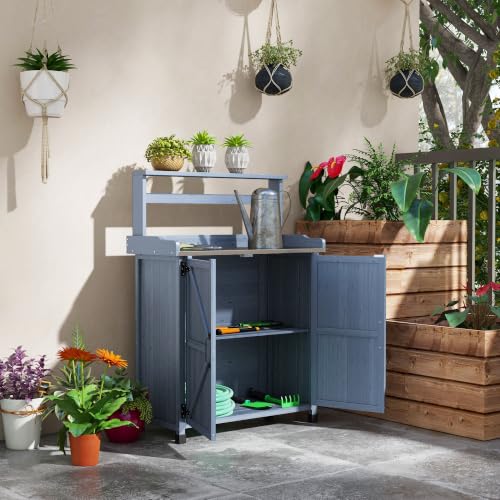 Outsunny Potting Bench, Outdoor Wooden Potting Table w/ 2 Shelves, Gray