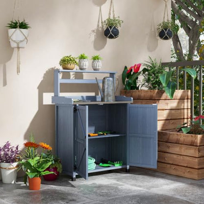 Outsunny Potting Bench, Outdoor Wooden Potting Table w/ 2 Shelves, Gray
