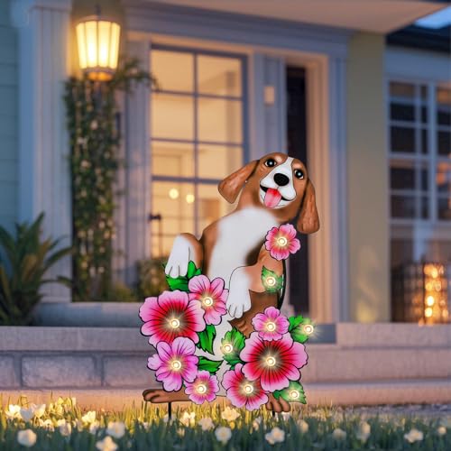 WONDER GARDEN Outdoor Garden Stakes with LED Lighted Flower & Dog Decor - color: pink