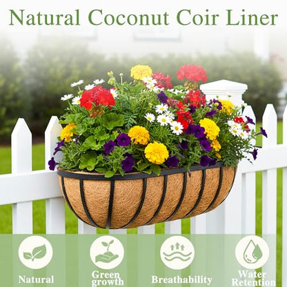 24 Inch Railing Planter Window Box Deck Balcony Rail Planter with Coco Liner Metal Wall-Mounted Coconut Liner Planter Basket English Horse Trough Planters for Outdoor Balcony Porch Fence (2 Pack) - size: 24 Inch