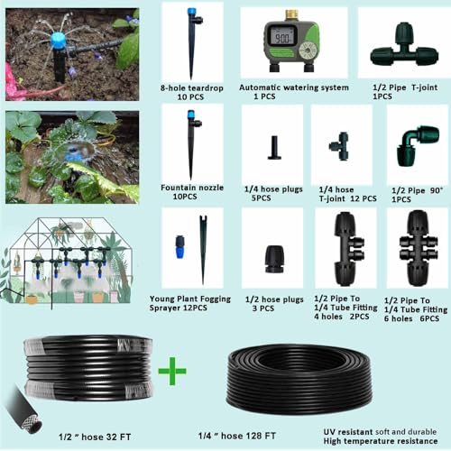 Drip Irrigation System with Water Timer for Garden,Main ID 1/2inch 32Ft and 1/4inch 136Ft Water Hose, 2-Zone Automatic Watering System Sufficient Water, Irrigation Dripper Waterflow Evenly Easy DIY