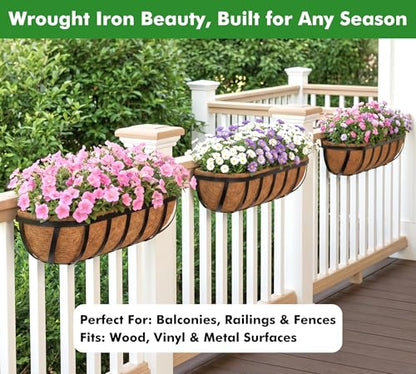 Y&M 2pcs 24 Inch Window Deck with Coco Liner, 24" Window Boxes Horse Trough with Coconut Coir Liner, Black Metal Hanging Flower Planter Window Basket Deck Railing Planter Boxes for Outdoor Indoor - size: 2p 24in