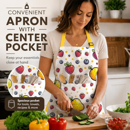 Kosseco Cute Aprons for Women with 1 pocket, Cooking Kitchen Baking Gardening Adjustable Waterproof Aprons for Women - color: Yellow Fruit
