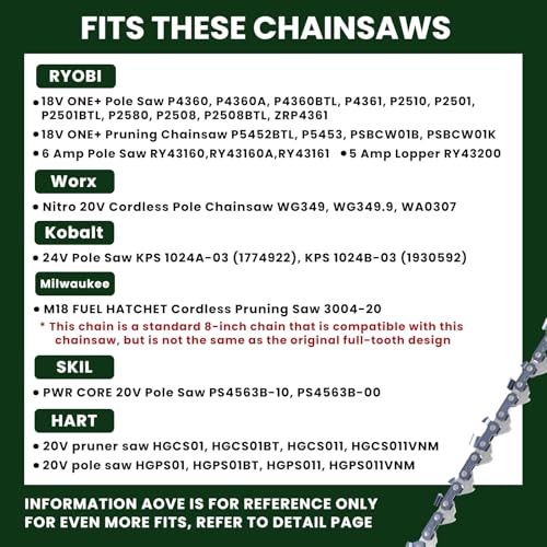 New 8 Inch Pruning Saw Chain 3/8"LP Pitch .043" Gauge 33 Drive Links, 8 Inch Pole Saw Blade Fit for RYOBI P4361 / P4360, Worx WG349, Milwaukee M18 FUEL 3004-20, Kobalt KPS 1024A-03 & More - R33