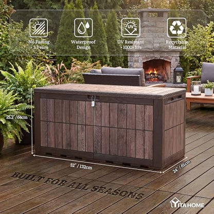 YITAHOME 134 Gallon Large Deck Box - color: Dark Brown & Wood-Grain Brown, size: 134 Gallon