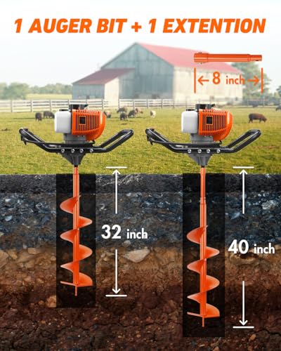 NEO-TEC 63CC Post Hole Digger Gas Powered, Earth Auger with 8" Bit & 8" Ext - size: 63CC+8"+1 Extension