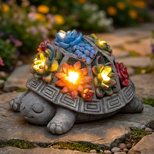 Turtle Garden Decor with Succulent LED Solar Lights Tortoise Garden Outdoor Statue for Yard Decorations Outside Patio Balcony Home Decoration Art Gift for Women Mom Grandma - color: Turtle-Colorful Succulents